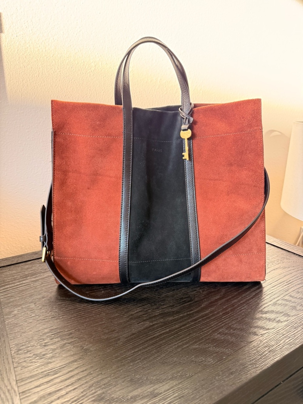 Fossil Rust and Black Two-Tone Suede Messenger Tote